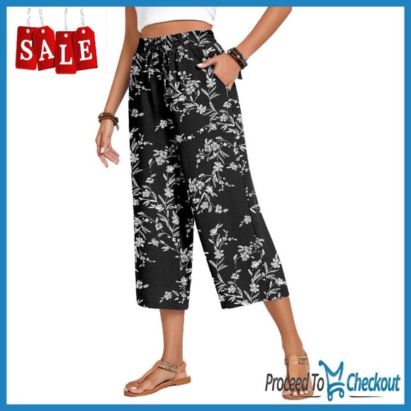 Pants - High Waist Wide Leg Capri Pants Drawstring Casual Lounge Palazzo Trousers